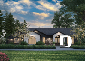 Vue avant - MODÈLE DE BASE - Plan résidentiel de type plain-pied moderne, superbe suite parentale, garage double et options de fondation - Andrews 2