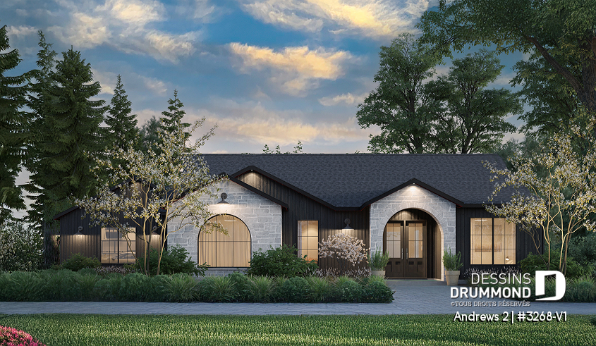 Vue avant - MODÈLE DE BASE - Plan résidentiel de type plain-pied moderne, superbe suite parentale, garage double et options de fondation - Andrews 2