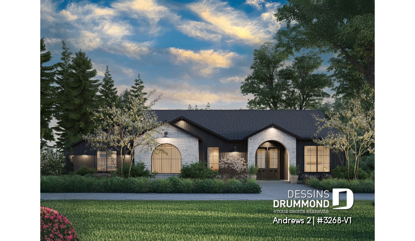 Vue avant - MODÈLE DE BASE du plan de maison unifamiliale 3268-V1 Vue avant - MODÈLE DE BASE - Plan résidentiel de type plain-pied moderne, superbe suite parentale, garage double et options de fondation - Andrews 2