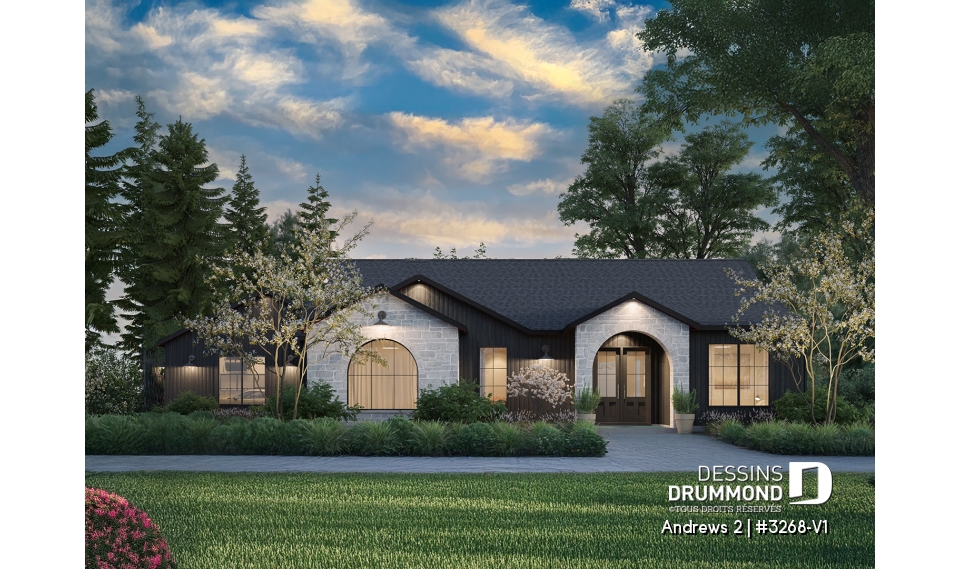Vue avant - MODÈLE DE BASE - Plan résidentiel de type plain-pied moderne, superbe suite parentale, garage double et options de fondation - Andrews 2
