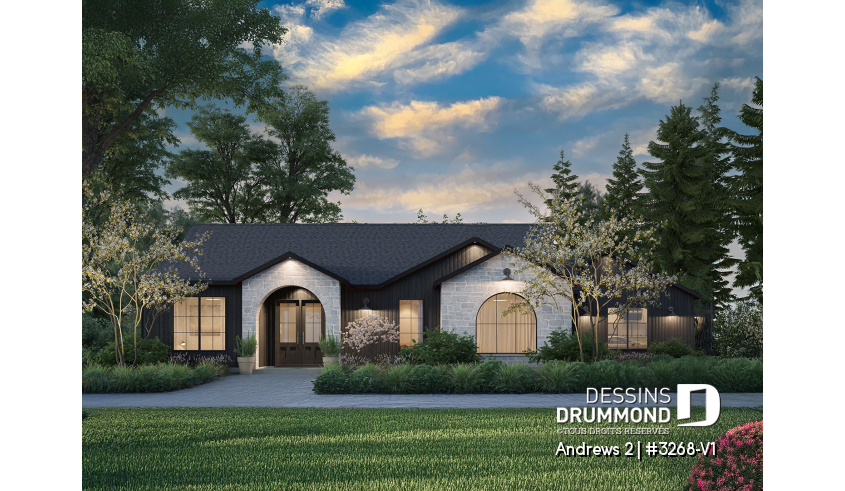 Vue avant - MODÈLE DE BASE - Plan résidentiel de type plain-pied moderne, superbe suite parentale, garage double et options de fondation - Andrews 2