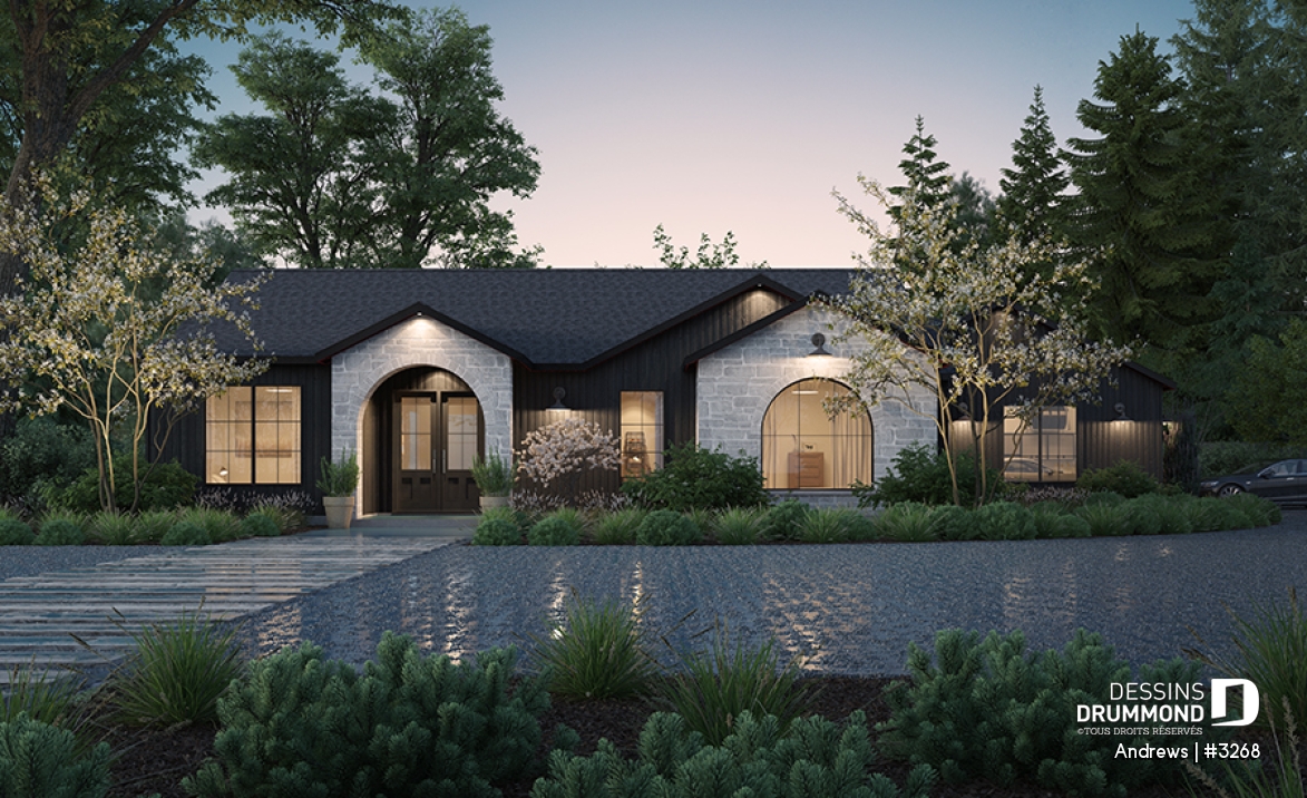 Vue avant - MODÈLE DE BASE - Modèle plain-pied de 3 chambres avec bureau, maison sur dalle ou avec s-sol, inspiration belge, garage double - Andrews