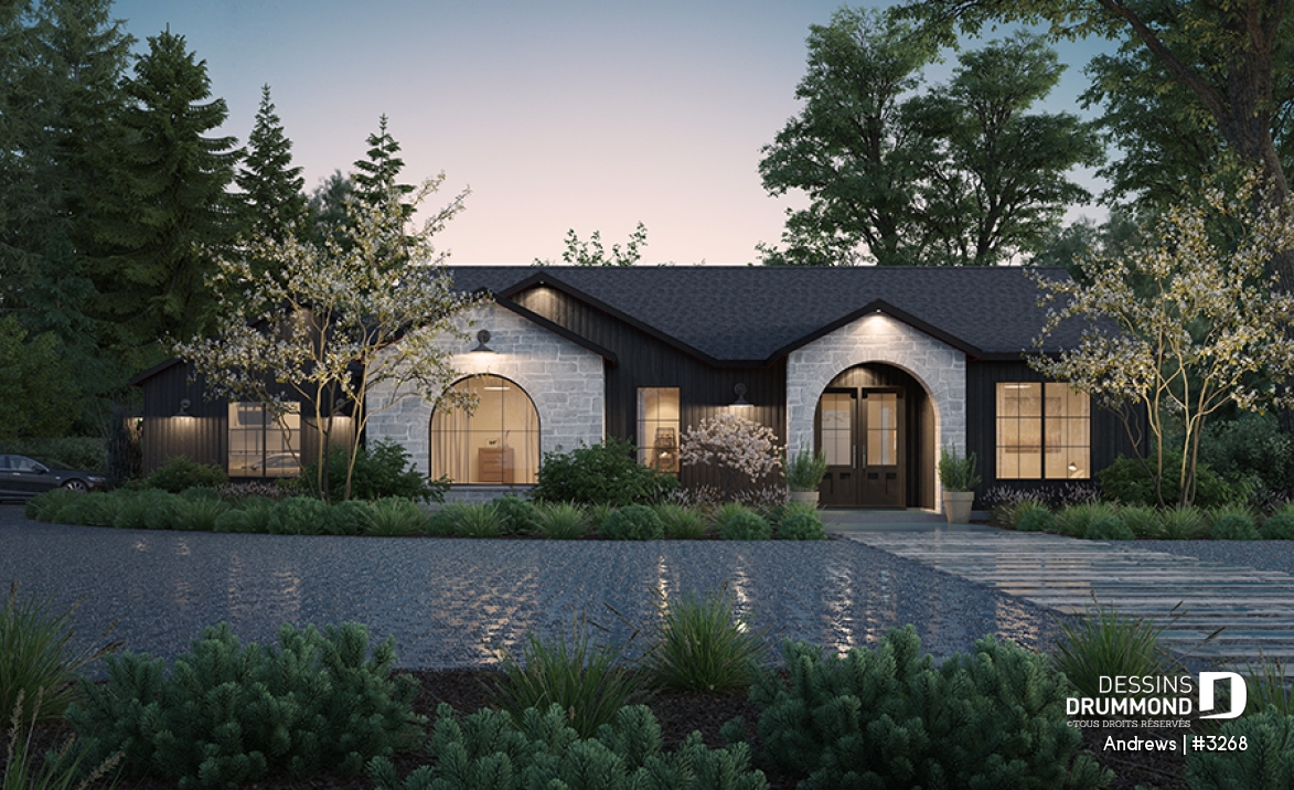 Vue avant - MODÈLE DE BASE - Modèle plain-pied de 3 chambres avec bureau, maison sur dalle ou avec s-sol, inspiration belge, garage double - Andrews