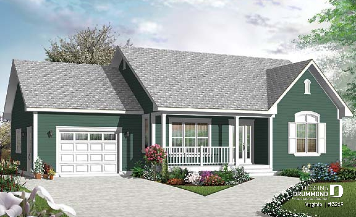Vue avant - MODÈLE DE BASE - Modèle de plain-pied avec garage, 2 chambres, coin bureau, cuisine avec garde-manger, buanderie au rdc. - Virginie 