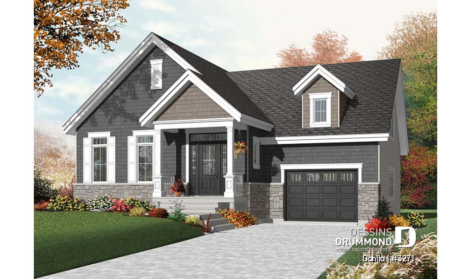 Version couleur no. 1 - Vue avant - Plan de bungalow champêtre avec garage, 1 à 2 chambres, espace ouvert, îlot, superbe fenestration - Dahlia
