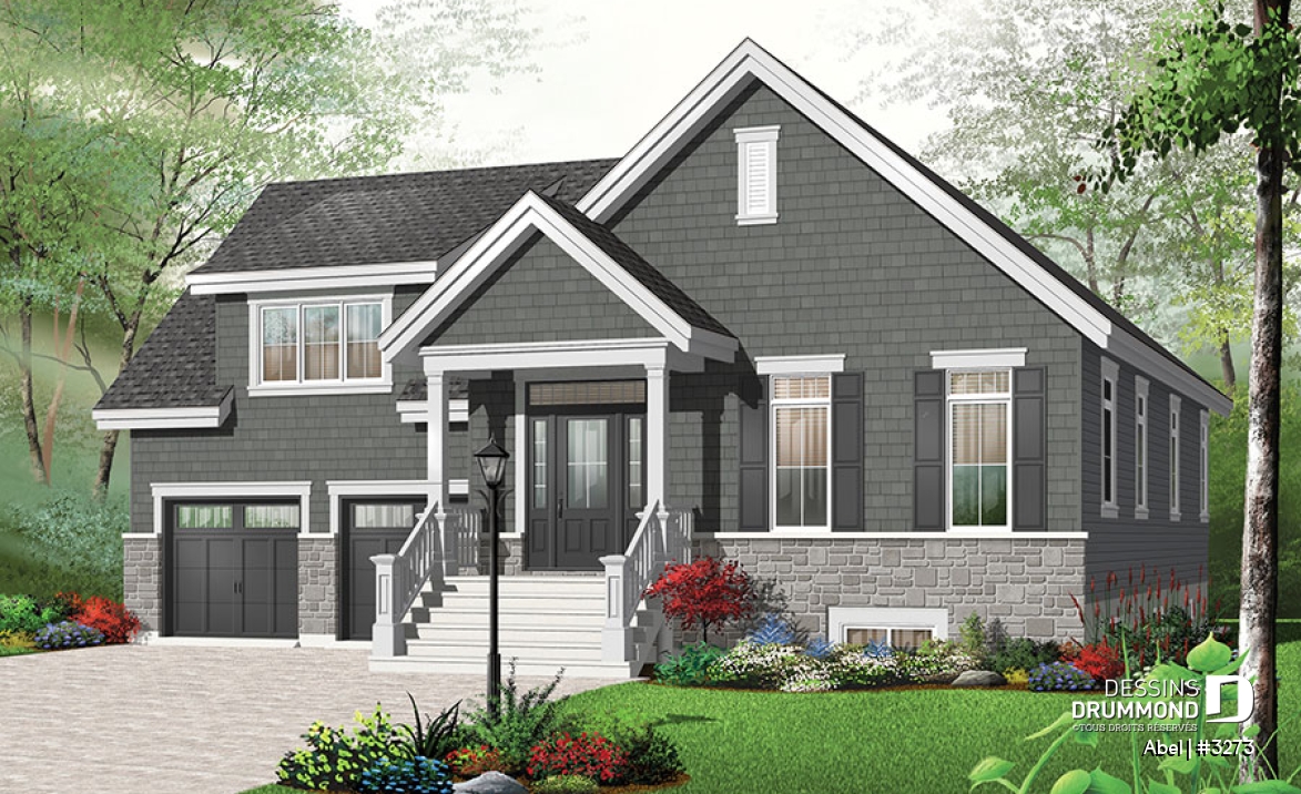 Vue avant - MODÈLE DE BASE - Plan de maison, 3 chambres, garage double avec espace boni, foyer, îlot cuisine, plafond à 9 pieds - Abel