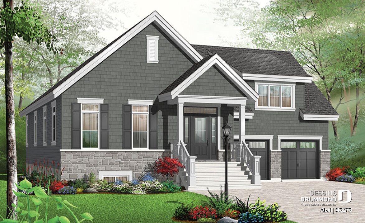 Vue avant - MODÈLE DE BASE - Plan de maison, 3 chambres, garage double avec espace boni, foyer, îlot cuisine, plafond à 9 pieds - Abel