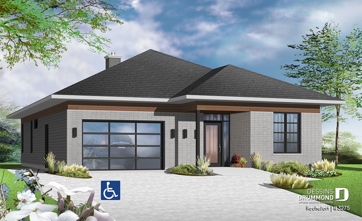 Vue avant - MODÈLE DE BASE - Plan de bungalow adapté fauteuil roulant, 2 chambres, plafond 9pi., foyer, grande terrasse abritée - Rochefort