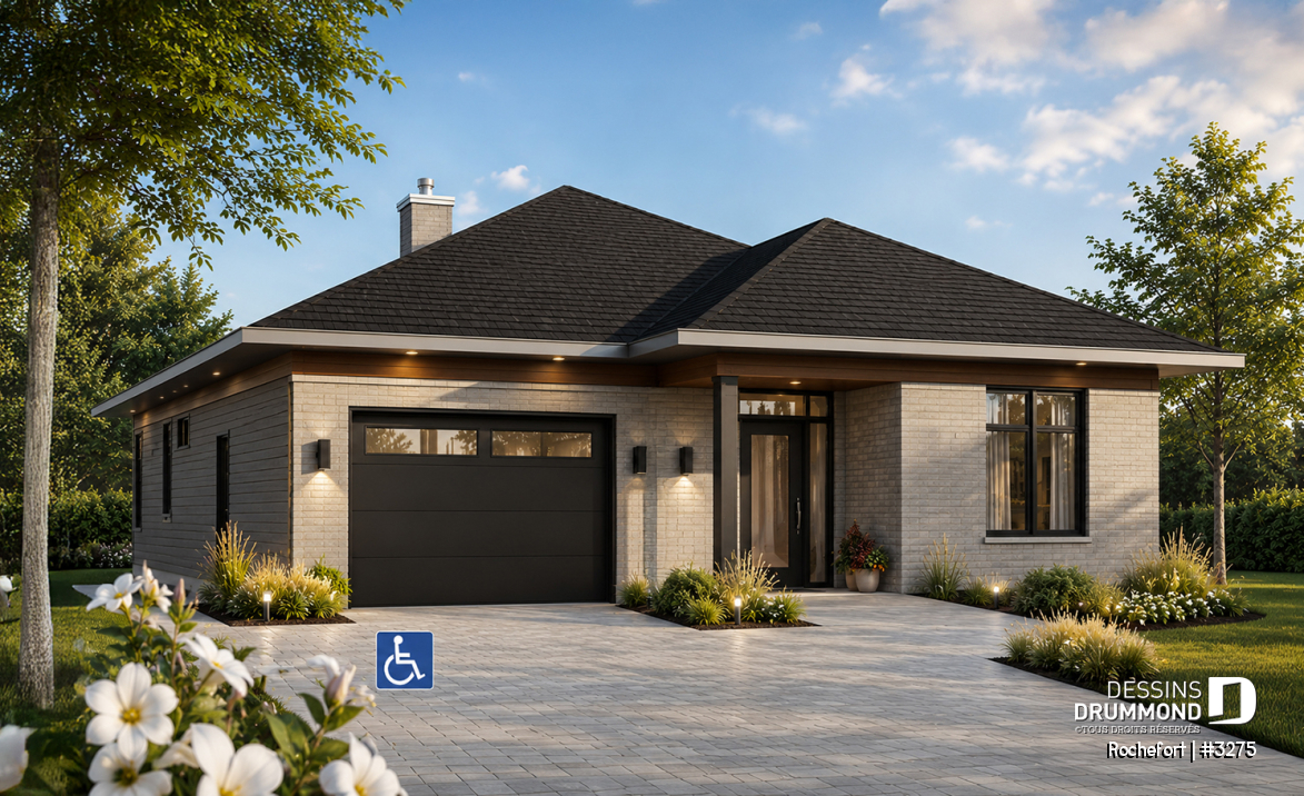 Vue avant - MODÈLE DE BASE - Plan de bungalow adapté fauteuil roulant, 2 chambres, plafond 9pi., foyer, grande terrasse abritée - Rochefort