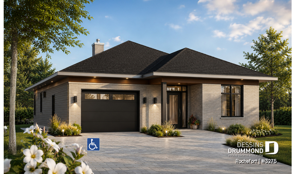 Vue avant - MODÈLE DE BASE - Plan de bungalow adapté fauteuil roulant, 2 chambres, plafond 9pi., foyer, grande terrasse abritée - Rochefort