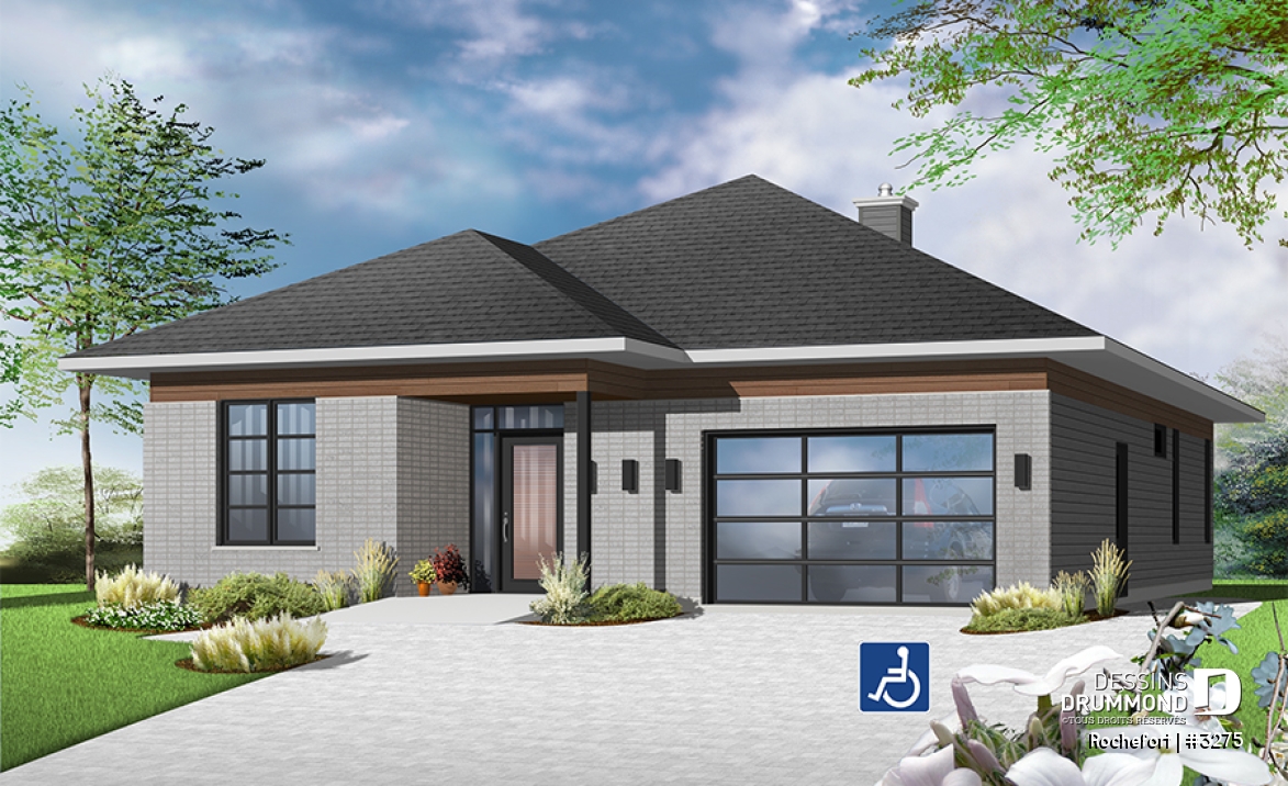 Vue avant - MODÈLE DE BASE - Plan de bungalow adapté fauteuil roulant, 2 chambres, plafond 9pi., foyer, grande terrasse abritée - Rochefort