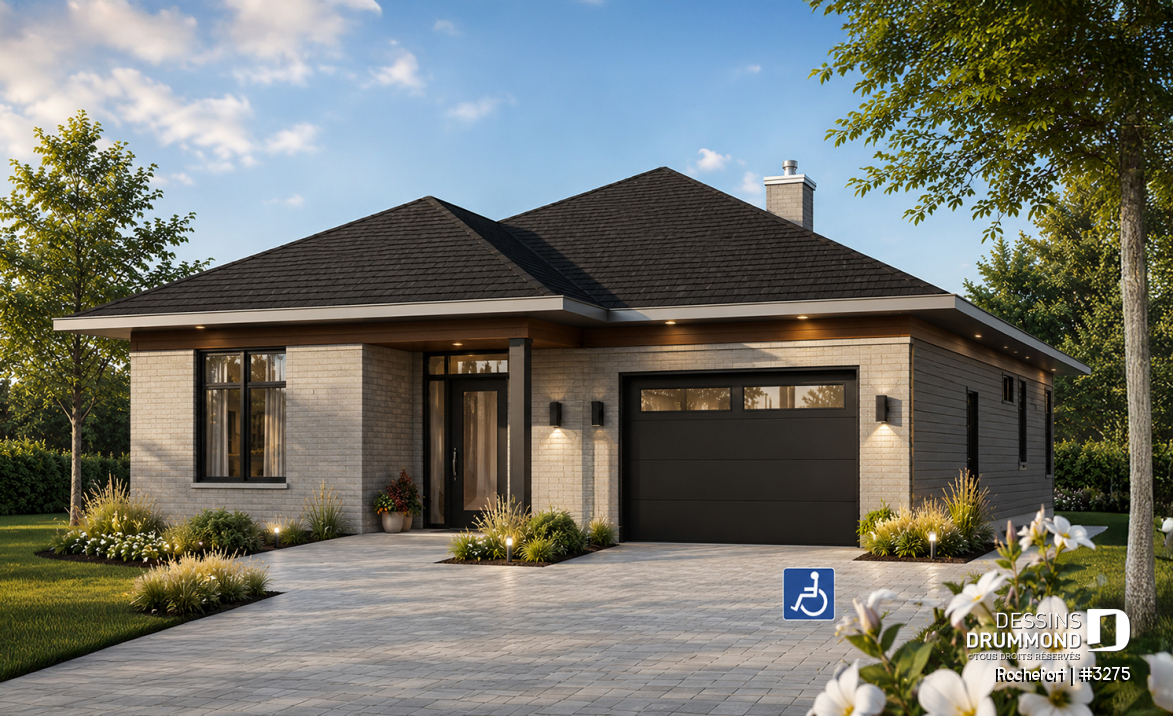 Vue avant - MODÈLE DE BASE - Plan de bungalow adapté fauteuil roulant, 2 chambres, plafond 9pi., foyer, grande terrasse abritée - Rochefort