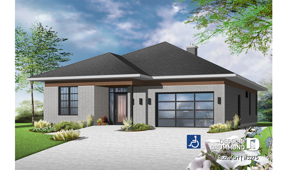 Vue avant - MODÈLE DE BASE - Plan de bungalow adapté fauteuil roulant, 2 chambres, plafond 9pi., foyer, grande terrasse abritée - Rochefort
