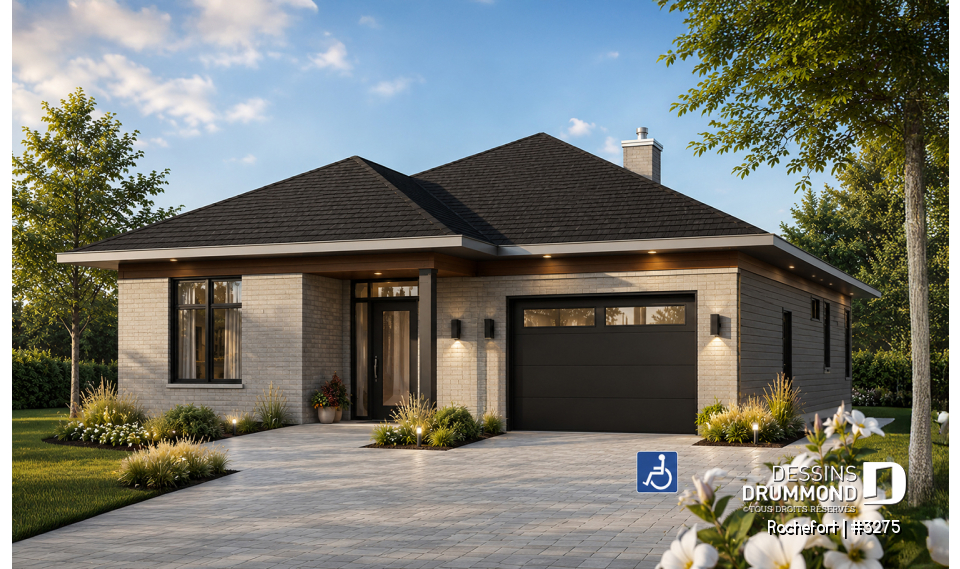 Vue avant - MODÈLE DE BASE - Plan de bungalow adapté fauteuil roulant, 2 chambres, plafond 9pi., foyer, grande terrasse abritée - Rochefort