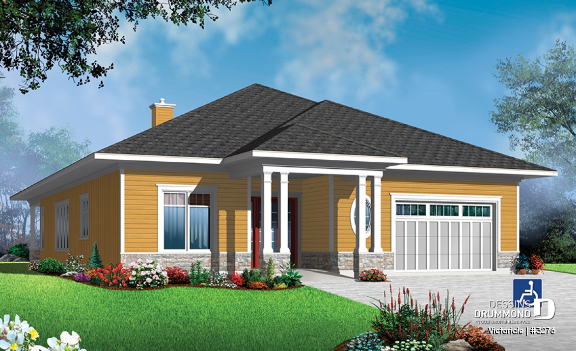 Vue avant - MODÈLE DE BASE - Plan pour mobilité réduite, 2 à 3 chambres, garage bureau, foyer, terrasse abritée, buanderie - Victoriale
