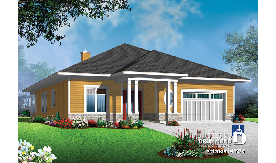 Vue avant - MODÈLE DE BASE - Plan pour mobilité réduite, 2 à 3 chambres, garage bureau, foyer, terrasse abritée, buanderie - Victoriale