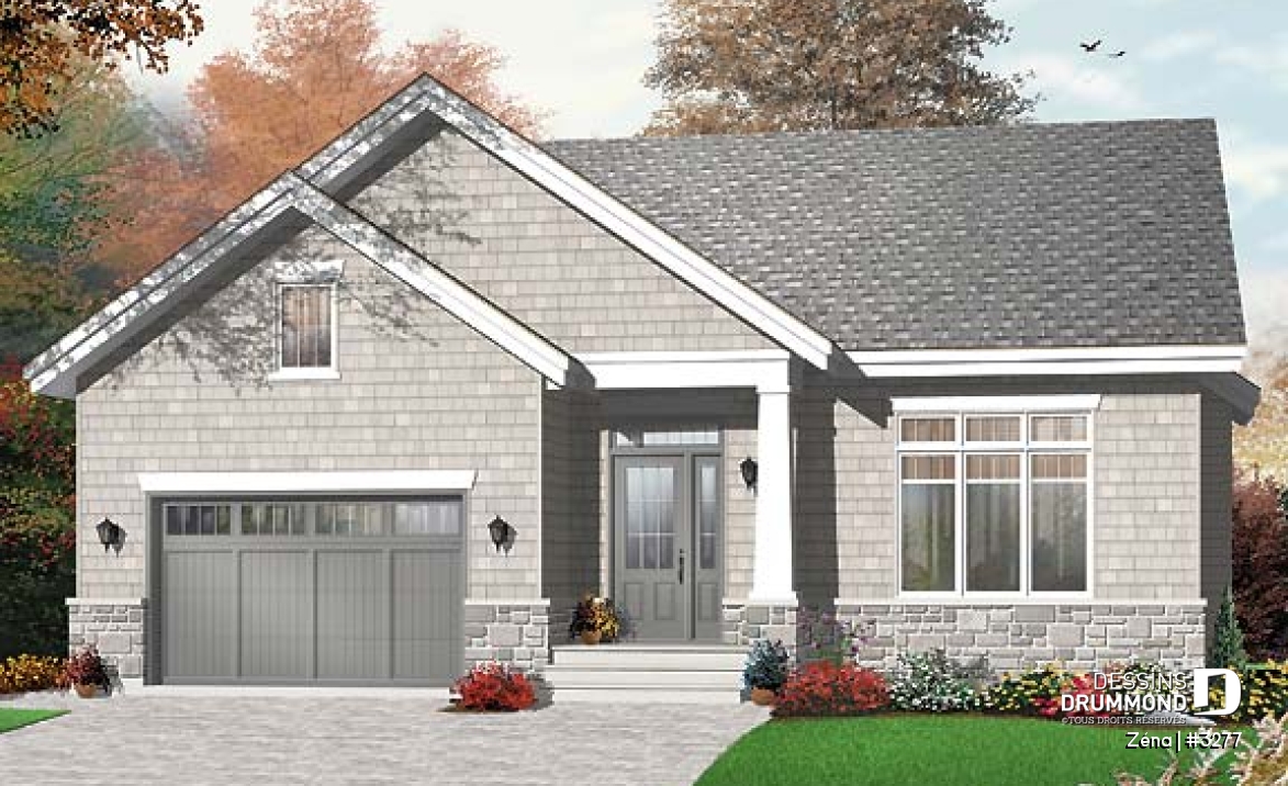 Vue avant - MODÈLE DE BASE - Plan de maison de style Craftsman, salle de séjour avec foyer et coin bureau, chambre maître avec walk-in - Zéna