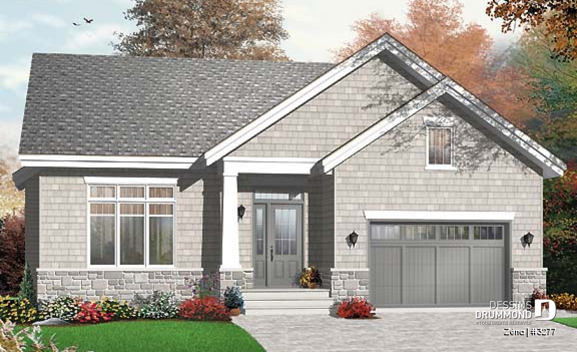 Vue avant - MODÈLE DE BASE - Plan de maison de style Craftsman, salle de séjour avec foyer et coin bureau, chambre maître avec walk-in - Zéna