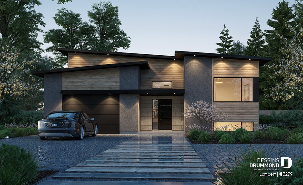 Vue avant - MODÈLE DE BASE - Maison contemporaine à entrée split, 2 à 5 chambres, salle familiale et salon, bureau, garage et plus! - Lambert