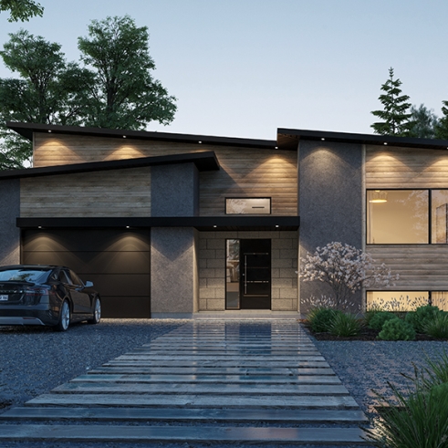 Vue avant - MODÈLE DE BASE - Maison contemporaine à entrée split, 2 à 5 chambres, salle familiale et salon, bureau, garage et plus! - Lambert