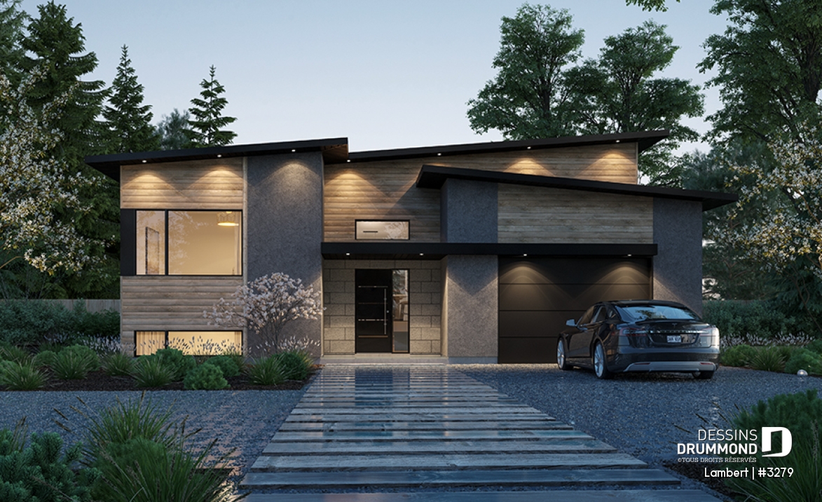 Vue avant - MODÈLE DE BASE - Maison contemporaine à entrée split, 2 à 5 chambres, salle familiale et salon, bureau, garage et plus! - Lambert