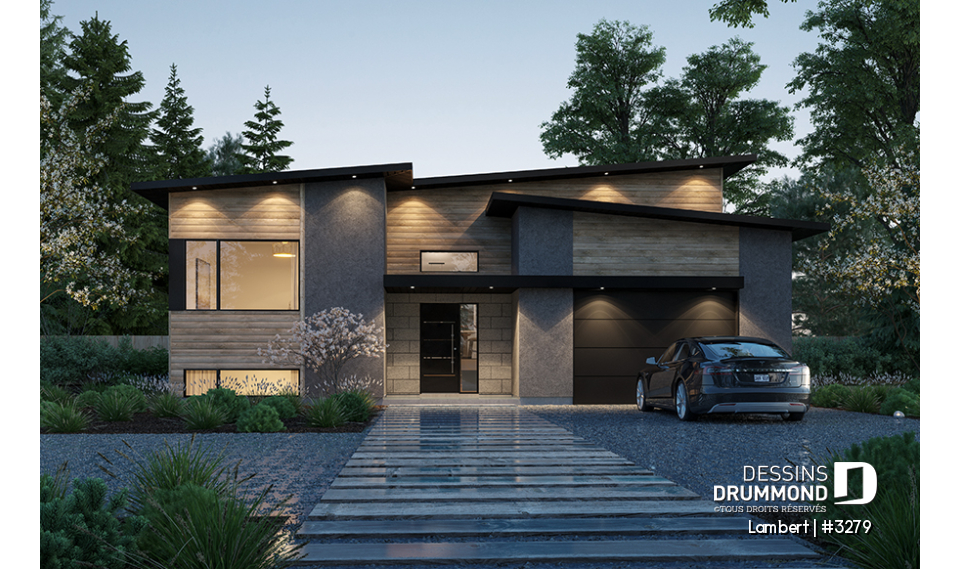 Vue avant - MODÈLE DE BASE - Maison contemporaine à entrée split, 2 à 5 chambres, salle familiale et salon, bureau, garage et plus! - Lambert