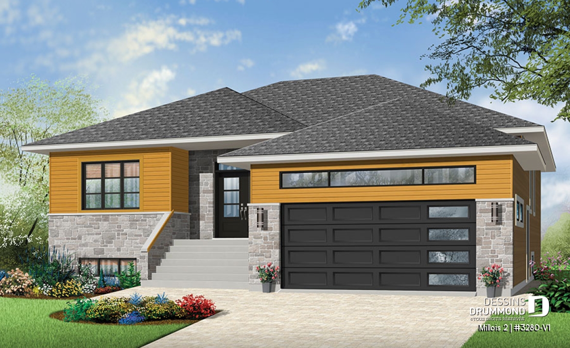 Vue avant - MODÈLE DE BASE - Plan de maison contemporaine, 2- 3 chambres, 2 s. bain, bureau, garde-manger, garage double - Millois 2