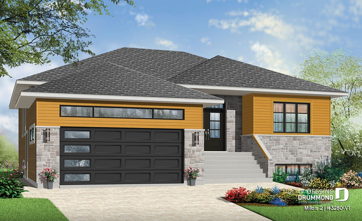 Vue avant - MODÈLE DE BASE - Plan de maison contemporaine, 2- 3 chambres, 2 s. bain, bureau, garde-manger, garage double - Millois 2