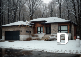 Vue avant - MODÈLE DE BASE - Plan de maison moderne, 2 chambres + bureau (ou chambre # 3), garde manger, îlot, foyer, garage double - Millois