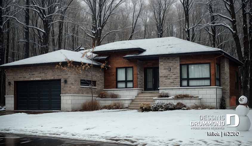 Vue avant - MODÈLE DE BASE - Plan de maison moderne, 2 chambres + bureau (ou chambre # 3), garde manger, îlot, foyer, garage double - Millois