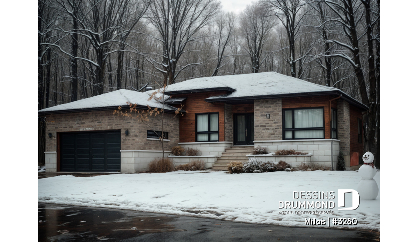 Vue avant - MODÈLE DE BASE - Plan de maison moderne, 2 chambres + bureau (ou chambre # 3), garde manger, îlot, foyer, garage double - Millois