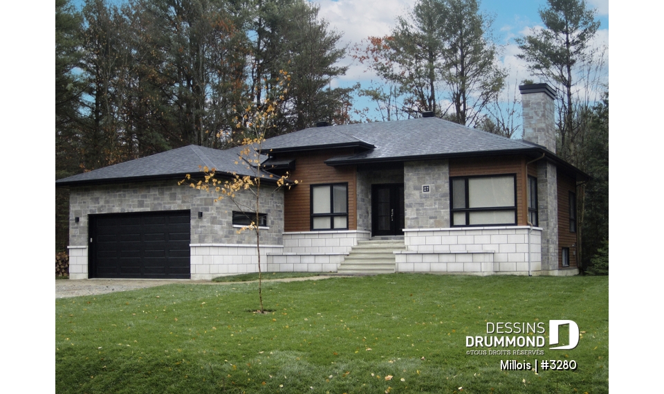 Vue avant - MODÈLE DE BASE - Plan de maison moderne, 2 chambres + bureau (ou chambre # 3), garde manger, îlot, foyer, garage double - Millois