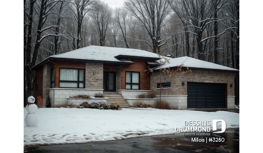 Vue avant - MODÈLE DE BASE du plan de maison unifamiliale 3280 Vue avant - MODÈLE DE BASE - Plan de maison moderne, 2 chambres + bureau (ou chambre # 3), garde manger, îlot, foyer, garage double - Millois