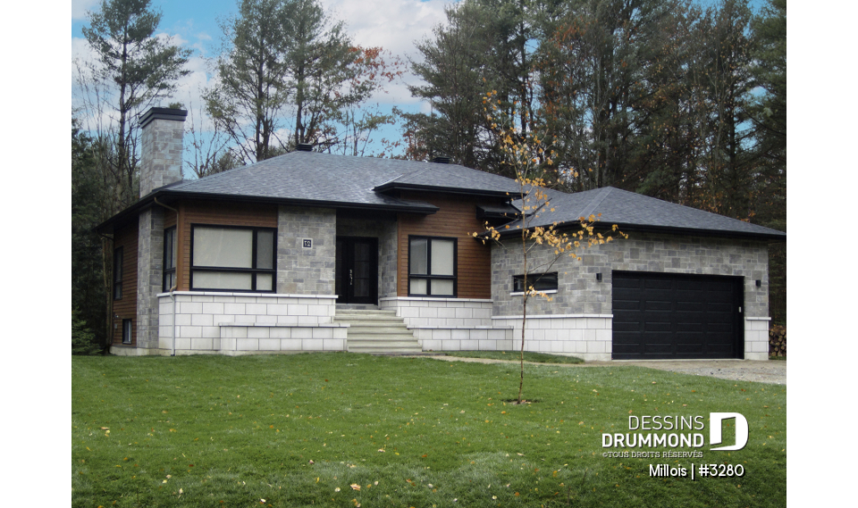Vue avant - MODÈLE DE BASE - Plan de maison moderne, 2 chambres + bureau (ou chambre # 3), garde manger, îlot, foyer, garage double - Millois