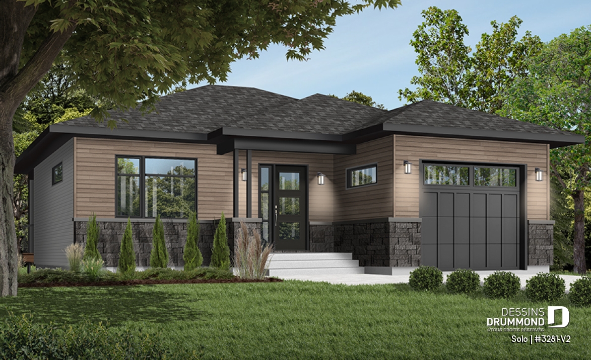 Vue avant - MODÈLE DE BASE - Plan de petit plain-pied moderne 1 chambre, garage, cuisine à aire ouverte avec salon, grande chambre maître - Solo