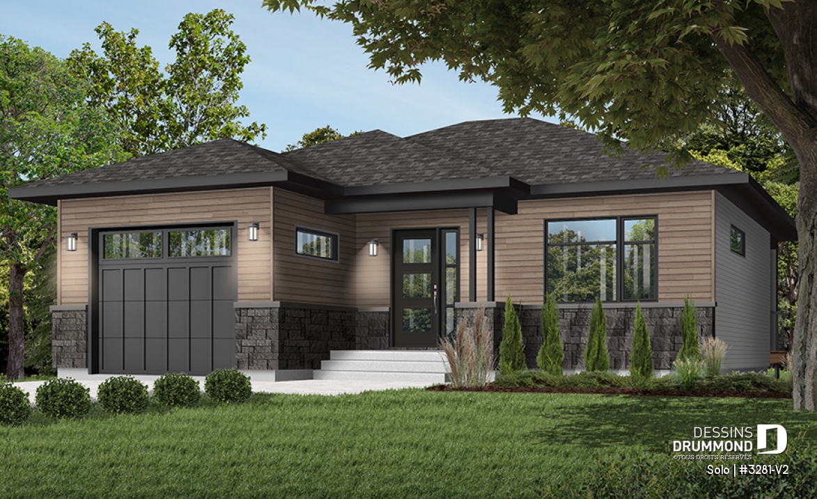 Vue avant - MODÈLE DE BASE - Plan de petit plain-pied moderne 1 chambre, garage, cuisine à aire ouverte avec salon, grande chambre maître - Solo