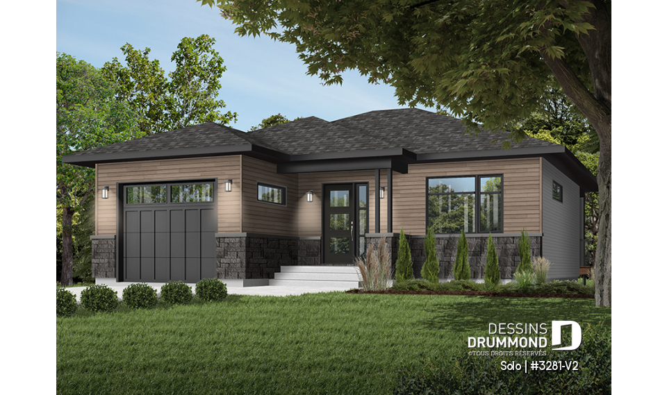 Vue avant - MODÈLE DE BASE - Plan de petit plain-pied moderne 1 chambre, garage, cuisine à aire ouverte avec salon, grande chambre maître - Solo