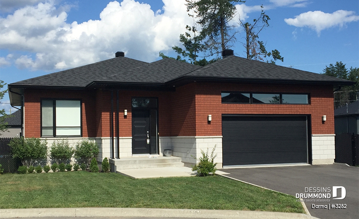 Vue avant - MODÈLE DE BASE - Plan de plain-pied moderne 2 chambres, garage, cuisine avec grand îlot, buanderie au rez-de-chaussée - Darma