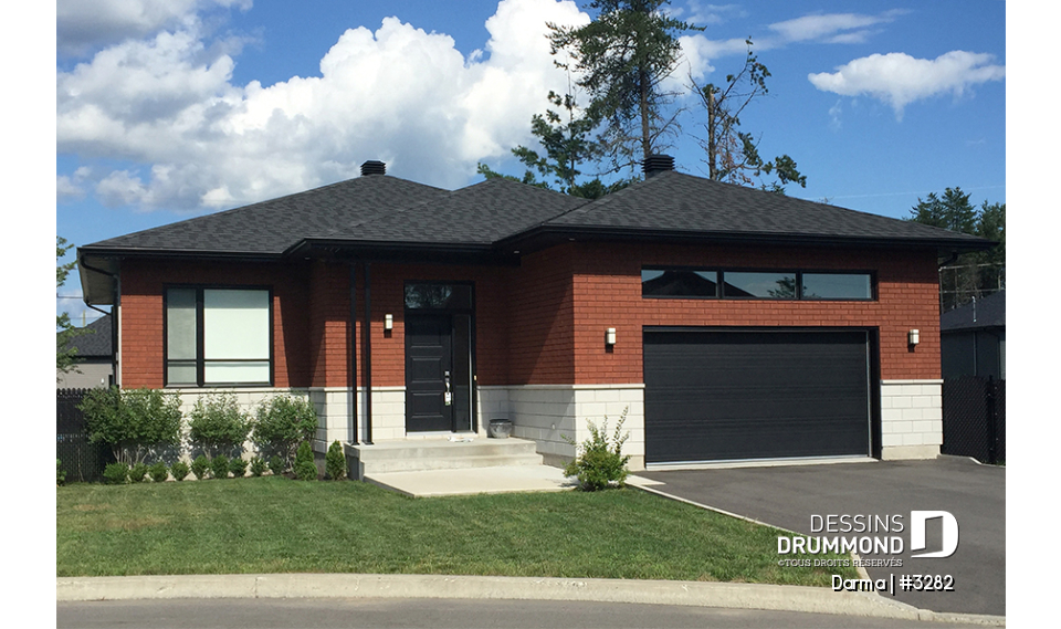 Vue avant - MODÈLE DE BASE - Plan de plain-pied moderne 2 chambres, garage, cuisine avec grand îlot, buanderie au rez-de-chaussée - Darma