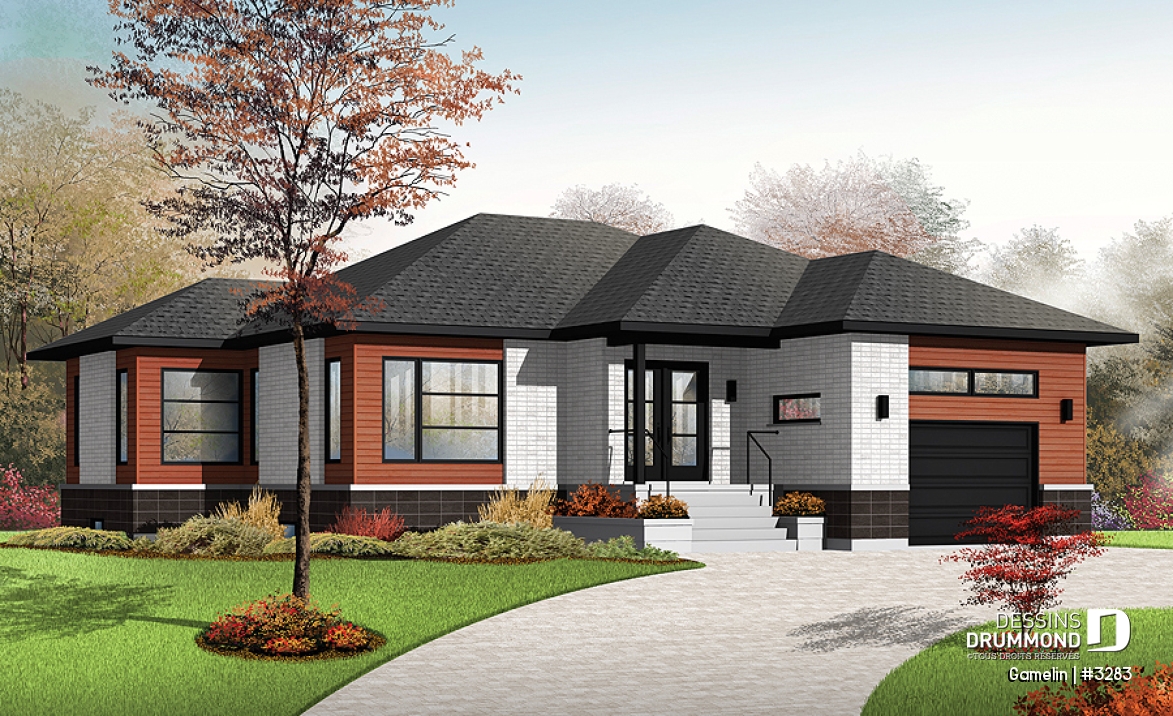 Vue avant - MODÈLE DE BASE - Plan de maison moderne, grand garage, 2 chambres, grand cuisine avec îlot central, buanderie au rdc. - Gamelin