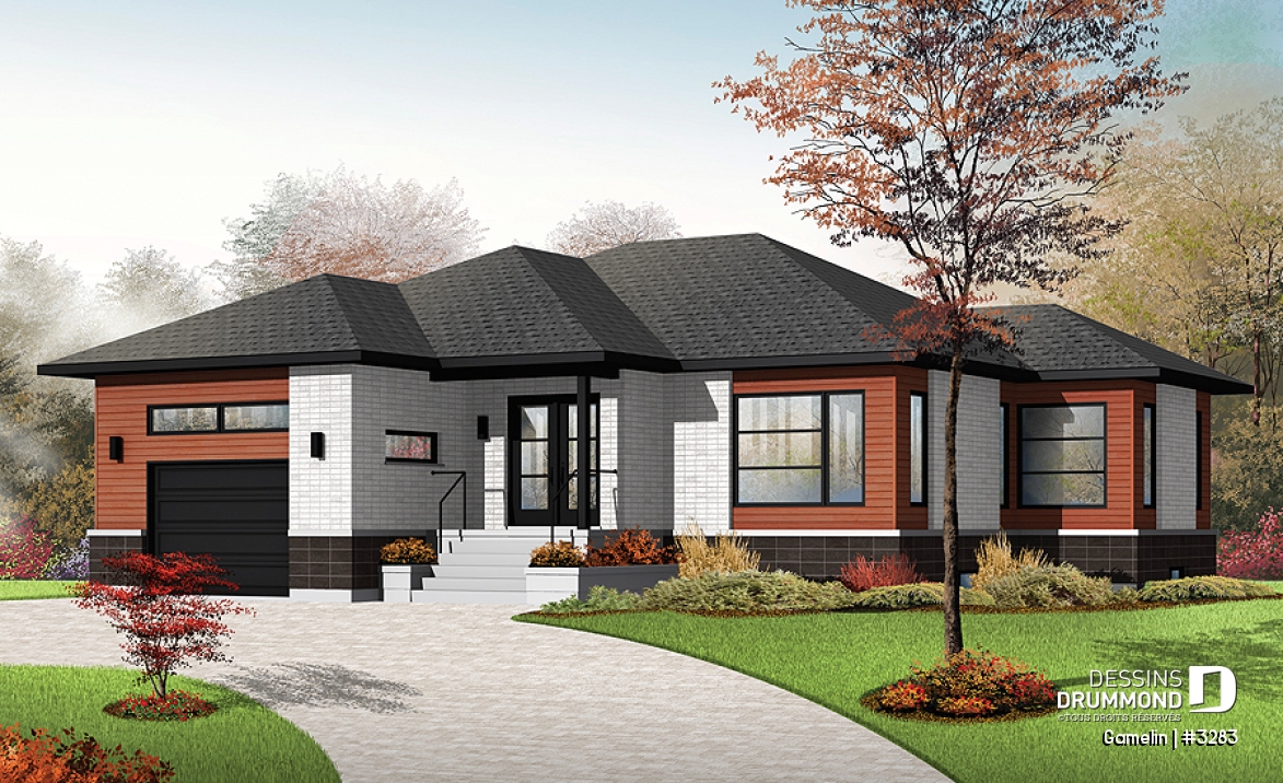 Vue avant - MODÈLE DE BASE - Plan de maison moderne, grand garage, 2 chambres, grand cuisine avec îlot central, buanderie au rdc. - Gamelin