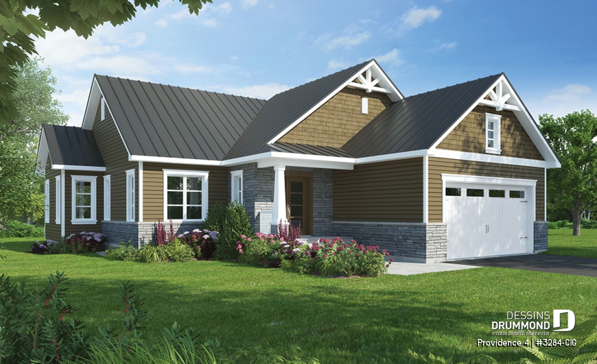 Vue avant - MODÈLE DE BASE - Plan de plain-pied 3 chambres au même plancher, garage double, vestibule, foyer, 2 salles de bain - Providence 4
