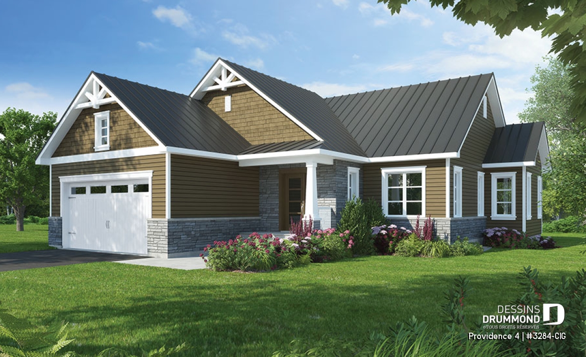 Vue avant - MODÈLE DE BASE - Plan de plain-pied 3 chambres au même plancher, garage double, vestibule, foyer, 2 salles de bain - Providence 4