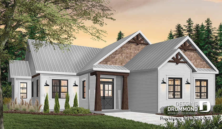 Version couleur no. 1 - Vue avant - Plan de plain-pied champêtre, 3 chambres, garage double latéral, buanderie, foyer, plafond à 9 pieds - Providence 5