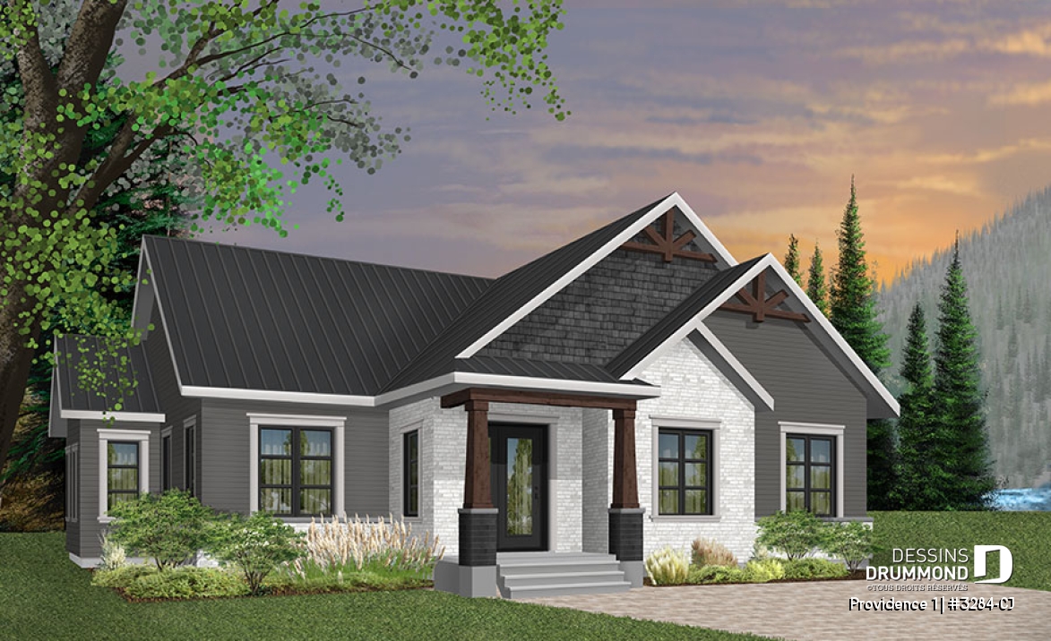 Vue avant - MODÈLE DE BASE - Plan maison 3 chambres, Craftsman, chambre des maîtres avec walk-in &amp; salle de douche privée, buanderie, foyer - Providence 1