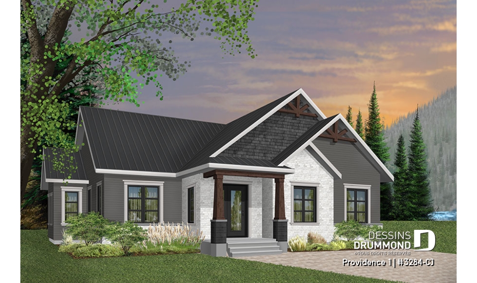 Vue avant - MODÈLE DE BASE - Plan maison 3 chambres, Craftsman, chambre des maîtres avec walk-in &amp; salle de douche privée, buanderie, foyer - Providence 1