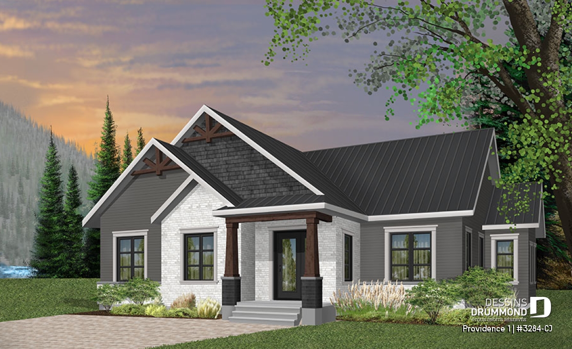 Vue avant - MODÈLE DE BASE - Plan maison 3 chambres, Craftsman, chambre des maîtres avec walk-in &amp; salle de douche privée, buanderie, foyer - Providence 1