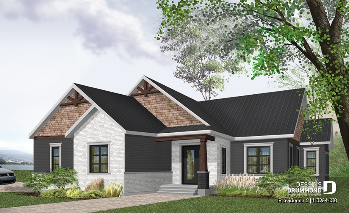 Vue avant - MODÈLE DE BASE - Plan de maison 3 chambres, garage double latéral, maison pour terrain en coin de rue, buanderie, foyer - Providence 2