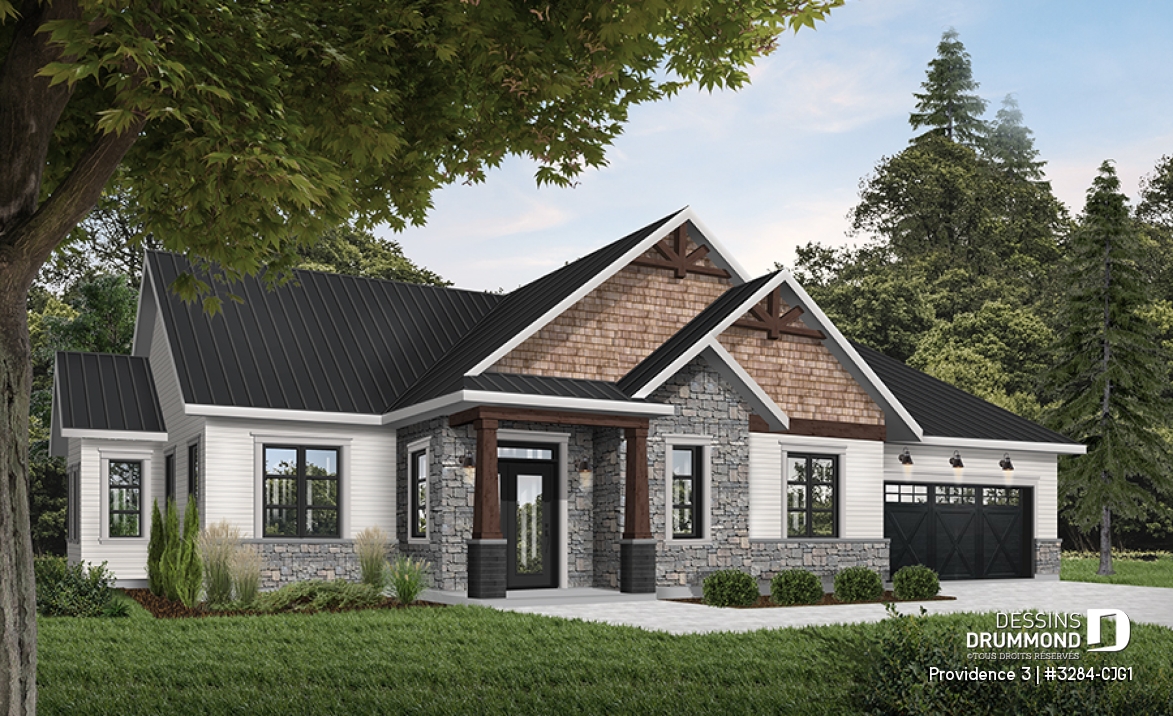 Vue avant - MODÈLE DE BASE - Plan de maison plain-pied champêtre avec garage double, 3 chambres et style rustique chaleureux - Providence 3