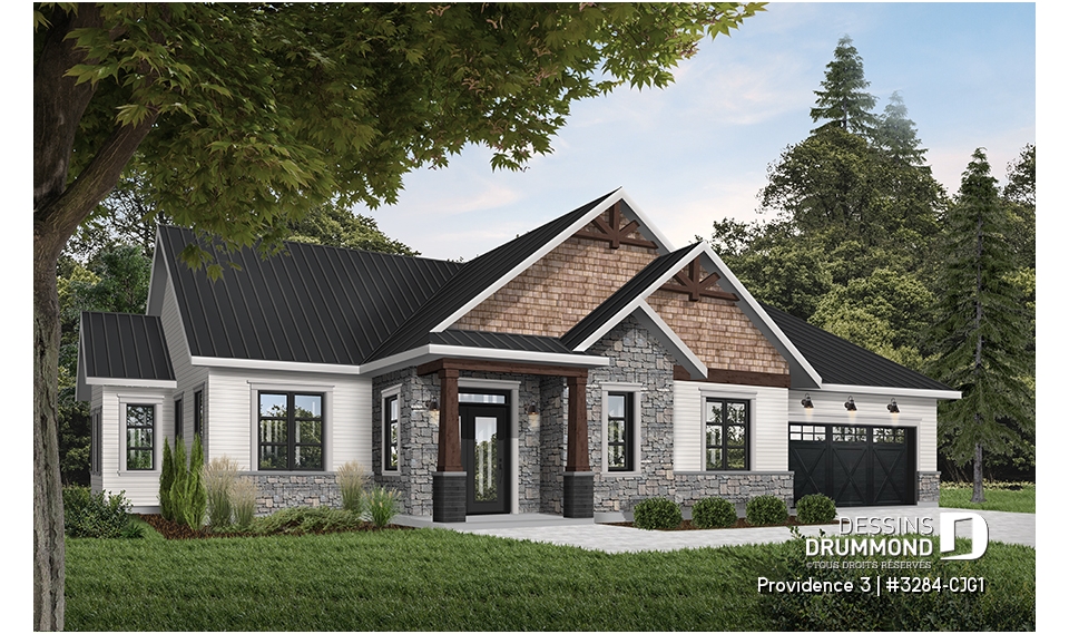 Vue avant - MODÈLE DE BASE - Plan de maison plain-pied champêtre avec garage double, 3 chambres et style rustique chaleureux - Providence 3